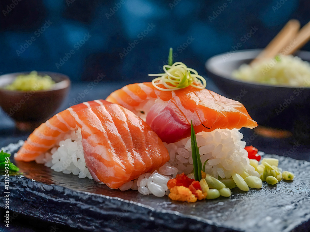 Nigiri Aji sashimi with a bold background, seared fish on rice, Japanese sashimi close-up. Nigiri Aji sashimi with a bold background, seared fish on rice, Japanese sashimi close-up.