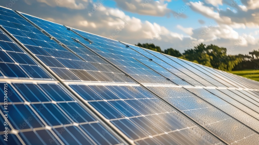 Renewable Energy Solar Panels Array Capturing Sunlight Blue Sky Horizon Eco Power Concept Renewable Energy Solar Panels Array Capturing Sunlight Blue Sky Horizon Eco Power Concept