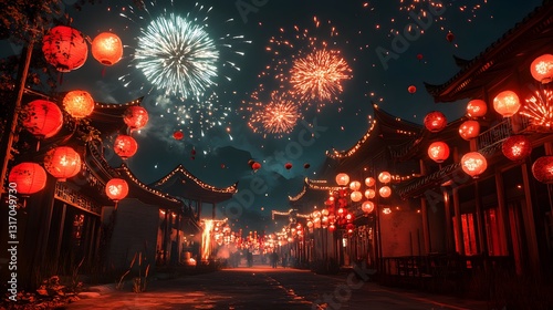 A tranquil town at night adorned with traditional Chinese lanterns during a festive celebration, showcasing cultural heritage and serene beauty photo