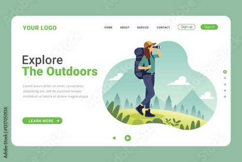 Outdoor recreation landing page. Banner with characters looking at landscape with mountains and forests. Extreme sports, trekking and hiking