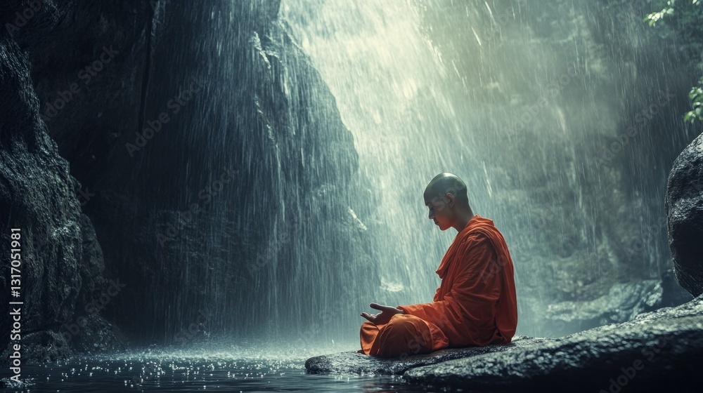 Obraz premium Serene Buddhist Monk Meditating Under Tranquil Waterfall