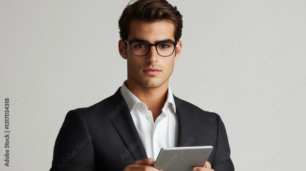 Young Businessman in Tailored Suit with Sharp Eyes Holding Tablet Young Businessman in Tailored Suit with Sharp Eyes Holding Tablet
