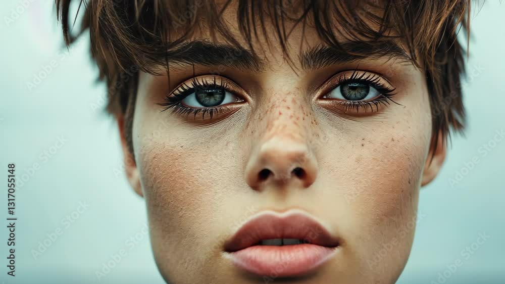 Androgynous Beauty Portrait With Freckles And Tousled Hair Against Soft androgynous-beauty-portrait-with-freckles-and-tousled-hair-against-soft