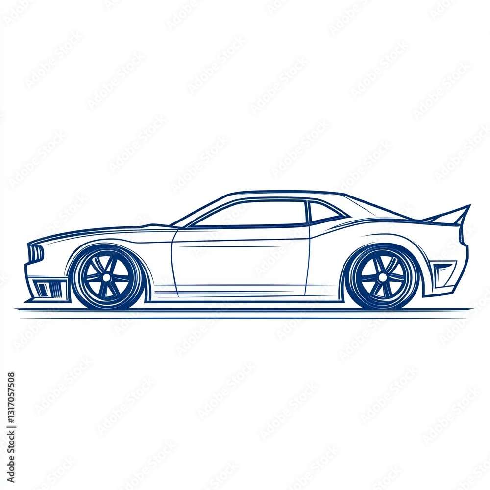 Naklejka premium Blue Sports Coupe Line Art Illustration