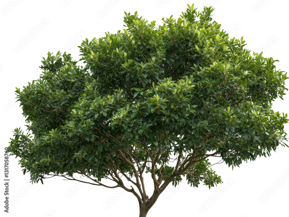 Obraz premium A large tree with green leaves is standing alone on a white background. The tree is the main focus of the image, and its size and color contrast with the white background
