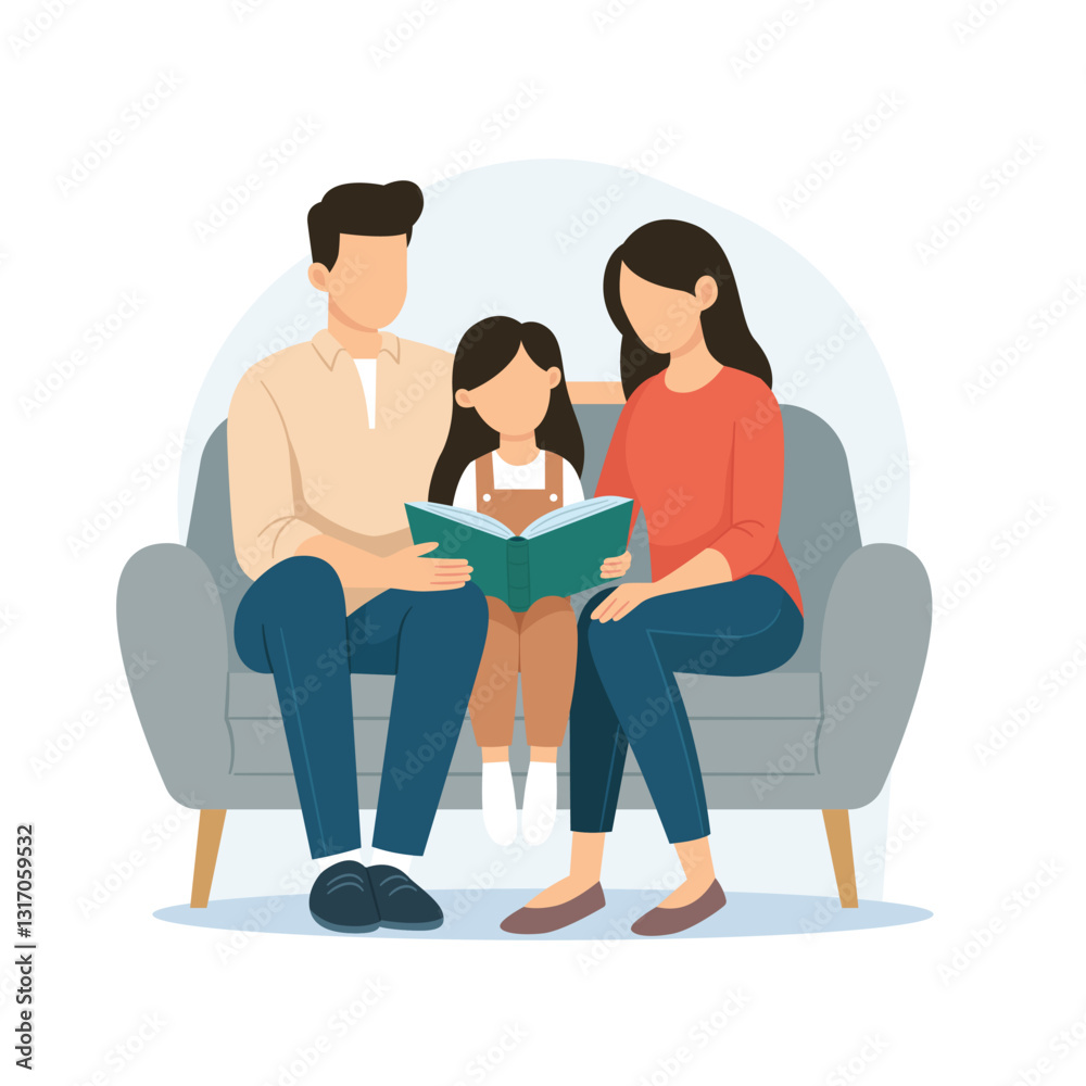 Happiness family Parent read book with child happily at home. Mother, father and kids learning together. Childs education by mom and dad. Flat vector illustration isolated on white background Happiness family Parent read book with child happily at home. Mother, father and kids learning together. Childs education by mom and dad. Flat vector illustration isolated on white background