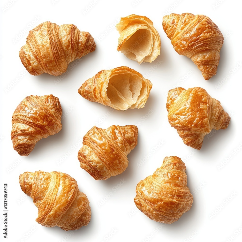 Freshly baked croissants, arranged in a symmetrical pattern against a white background. Freshly baked croissants, arranged in a symmetrical pattern against a white background.