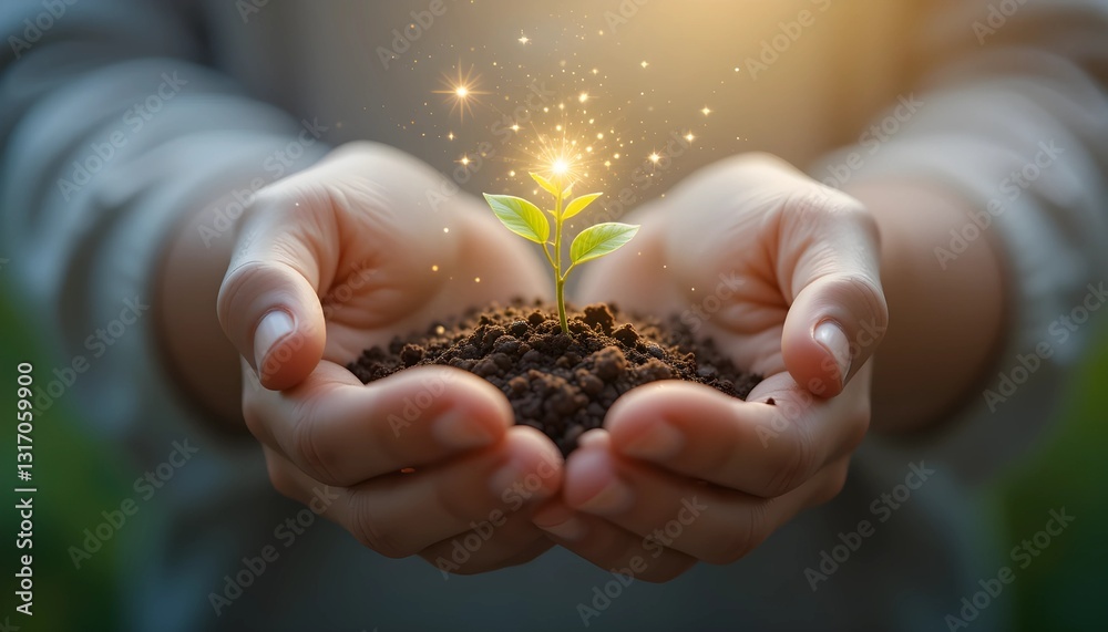 Fototapeta premium A pair of cupped hands holding a tiny seedling that glows with life.