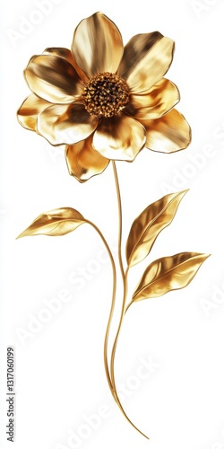 Golden Flower with Metallic Petals and Leaves on White Background