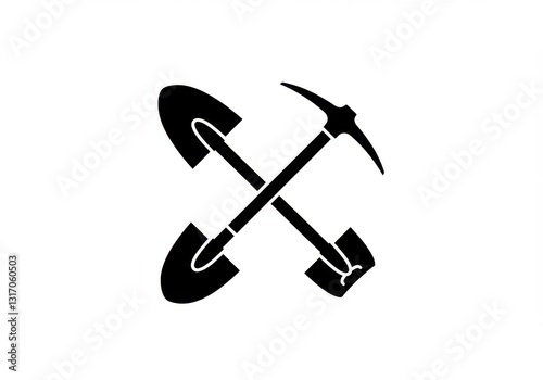 minimalist icon, crossed shovel and pickaxe, black silhouette, mining tools, construction symbol, monochrome design, simple graphic, excavation emblem, labor insignia