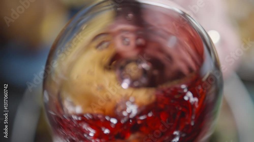 A glass of wine is poured into a glass, and the liquid is swirling around inside. Concept of relaxation and enjoyment, as the person pouring the wine is likely to be a sommelier or a wine enthusiast