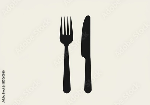 Minimalist cutlery illustration, black and white, fork and knife silhouette, simple dining utensils, clean lines, graphic design, high contrast, restaurant icon, vector style