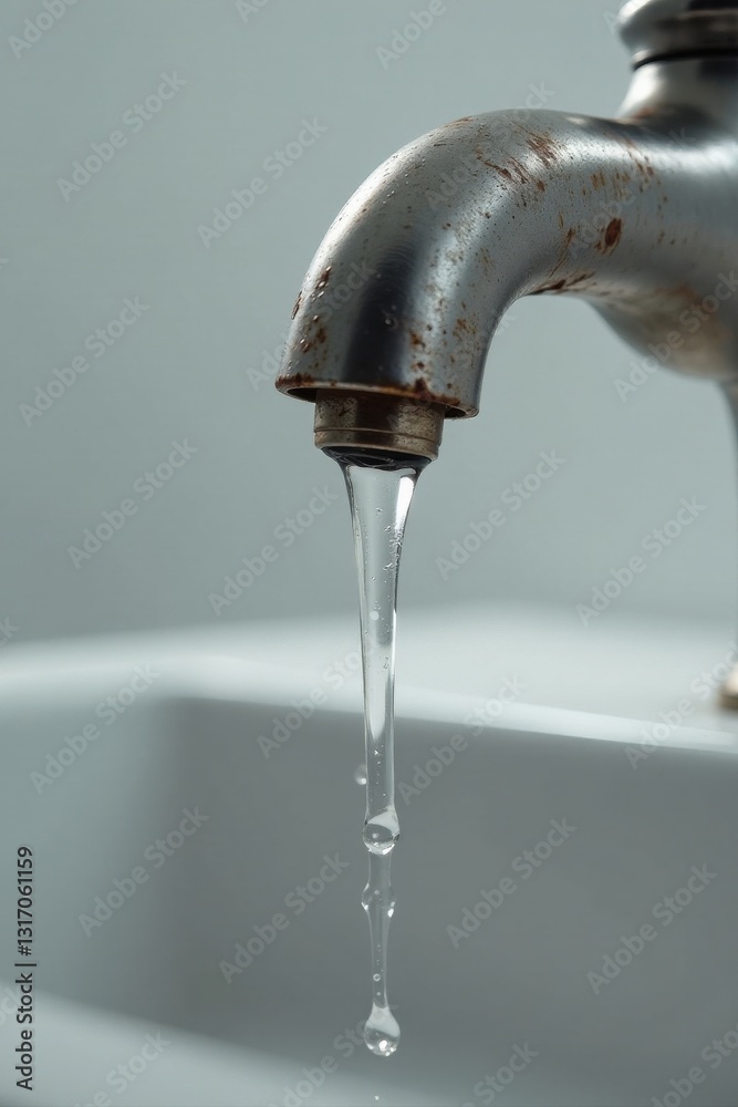 A rusty faucet drips clean water into a pristine sink, a subtle contrast of age and purity A rusty faucet drips clean water into a pristine sink, a subtle contrast of age and purity