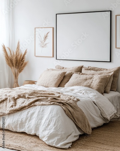 Neutral toned bedroom with white walls beige bedding and decorative dried floral arrangement on bedside table. Blank framed art on walls