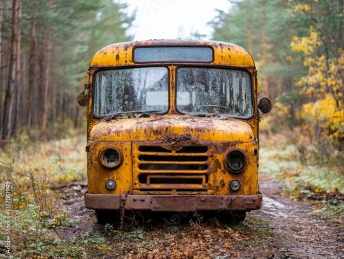 Abandoned Vintage Yellow Bus in a Forest Surrounded by Autumn Foliage and Rainy Atmosphere