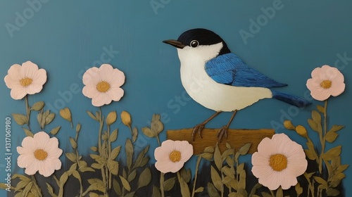3D birds and flowers on blue background