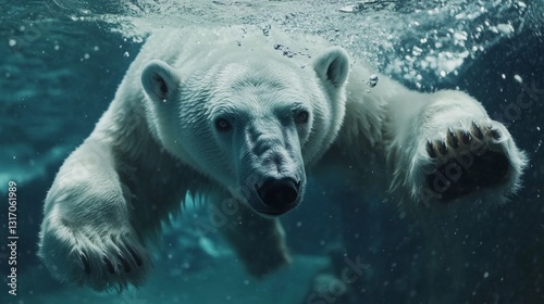 Close-up of a polar bear swimming undersea with big paws and bubbles in wildlife setting