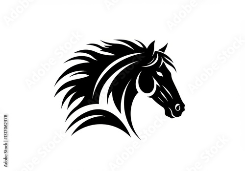 Black and white illustration, horse head silhouette, stylized equine profile, flowing mane, sharp contrasts, tribal art style, vector graphic, bold lines, minimalist design photo