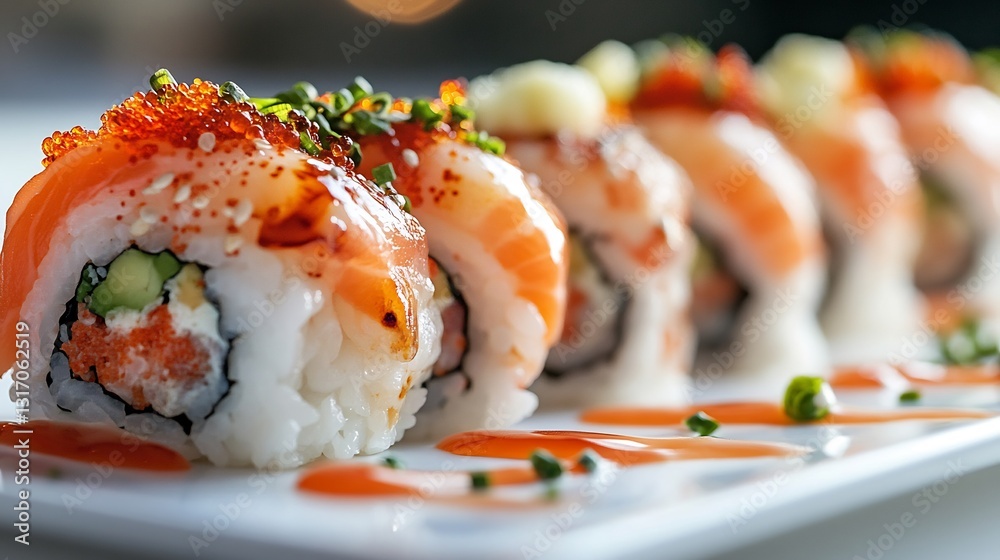 Delicious Salmon Sushi Rolls Gleaming Under Warm Light. AI Generated Delicious Salmon Sushi Rolls Gleaming Under Warm Light. AI Generated