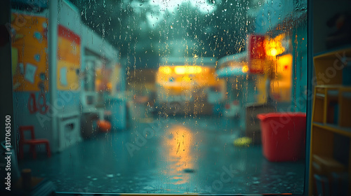 Rainy Street View Through Window photo