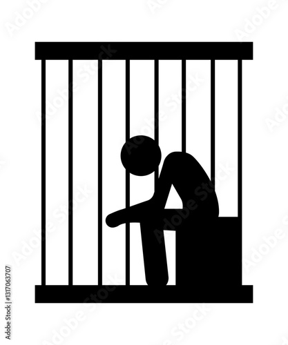 Stickman broods in prison. sad prisoner. Cartoon stick figure pictogram icon.