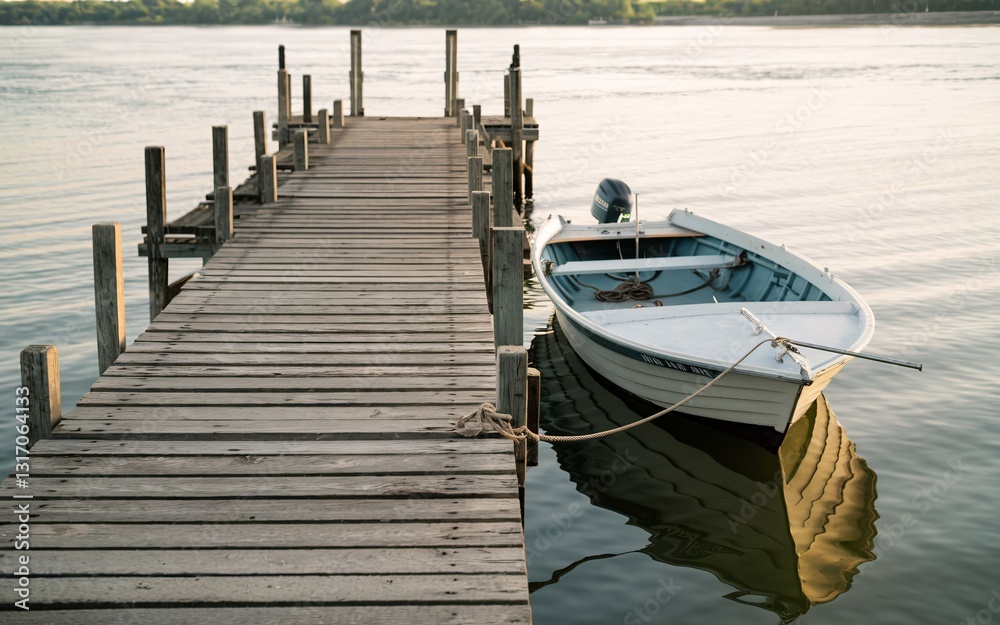 Naklejka premium Mississippi River, Wooden Dock and Boat at River Sunset