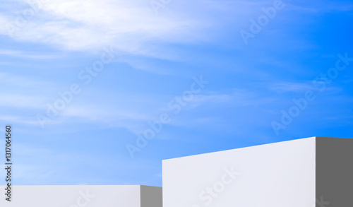 Backdrop white podium step against blue summer sky, Minimal 3d platform stand background for cosmetic product display presentation, illustration
