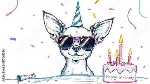 A Cool Chihuahua Celebrates Its Birthday With A Party Hat, Sunglasses, And A Delicious Cake, Sketched In A Playful, Vibrant Style With Colorful Confetti