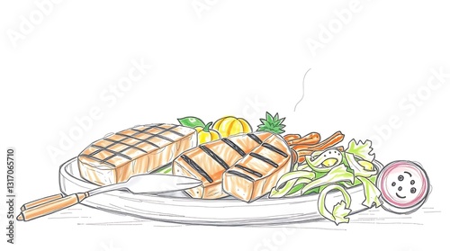 A Delicious Grilled Fish Dinner With Vibrant Veggies And A Side Of Lemon, Sketched With A Light And Airy Hand-drawn Style