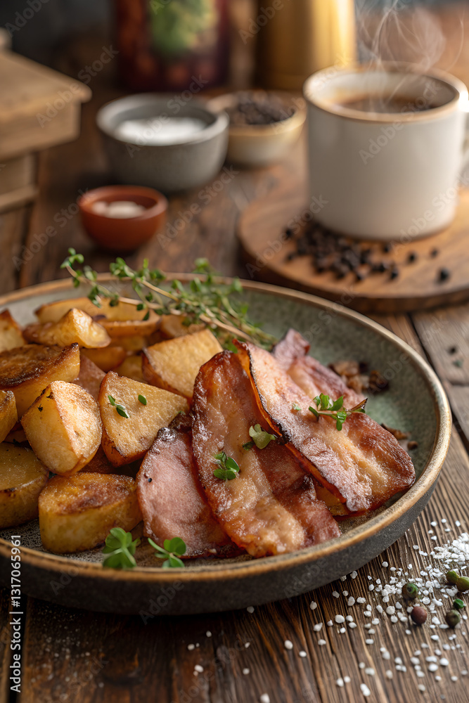 Traditional Irish breakfast with crispy bacon and potatoes Traditional Irish breakfast with crispy bacon and potatoes