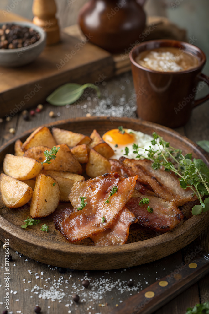 Irish breakfast with fried egg, crispy bacon, and potatoes Irish breakfast with fried egg, crispy bacon, and potatoes