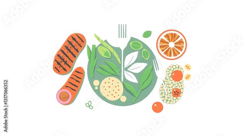 A Vibrant Balanced Meal Showcasing Grilled Salmon, Fresh Greens, Quinoa, And Citrus In A Playful, Minimalist Style