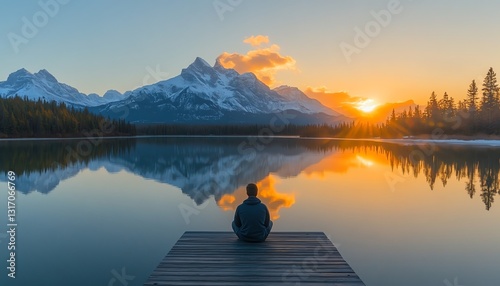 Tranquil moment young man relaxing on a wooden dock, watching the sun set behind snowcapped mountains, reflected in the calm lake, warm golden light, hyperdetailed, UHD