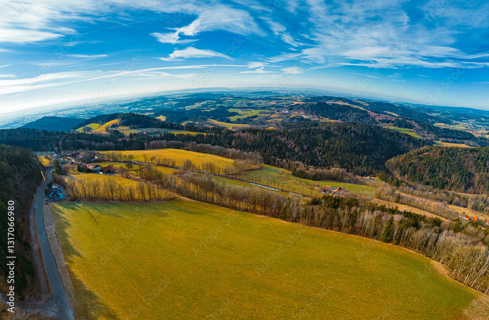 Naklejka premium High resolution stitched winter drone panorama captured in flight at Kostenz, Perasdorf, Straubing-Bogen, Bavarian forest, Bavaria, Germany