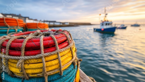 Wallpaper Mural Vibrant Fishing Gear Against Tranquil Waters at Sunset With Boats and Pier in Background Torontodigital.ca