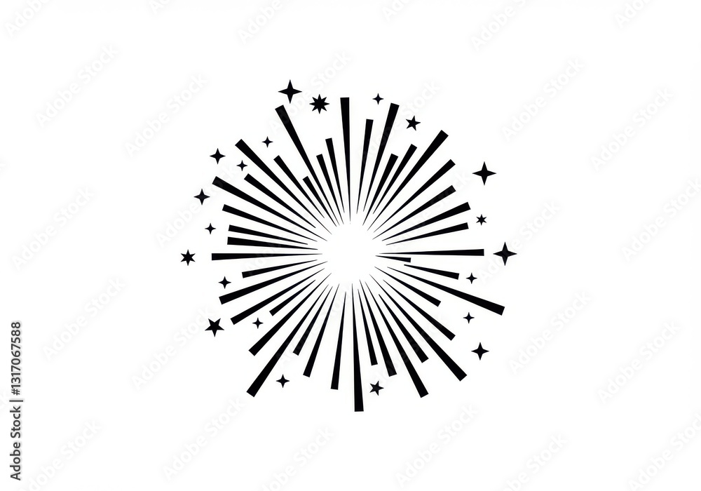 Obraz premium Stylized firework burst, black and white illustration, radial lines, starburst pattern, sparkles, minimalist design, symmetrical explosion, celebratory icon, vector graphic