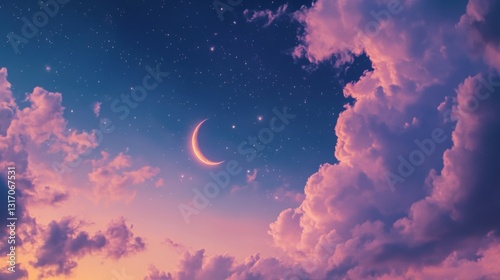 Dreamy night sky with crescent moon, stars, and soft-floating clouds evoking magic and tranquility