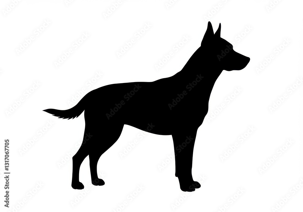 silhouette, dog profile, black and white, simple graphic, canine outline, standing pose, tail wagging, alert ears, muscular build, solid black shape, minimalist design silhouette, dog profile, black and white, simple graphic, canine outline, standing pose, tail wagging, alert ears, muscular build, solid black shape, minimalist design