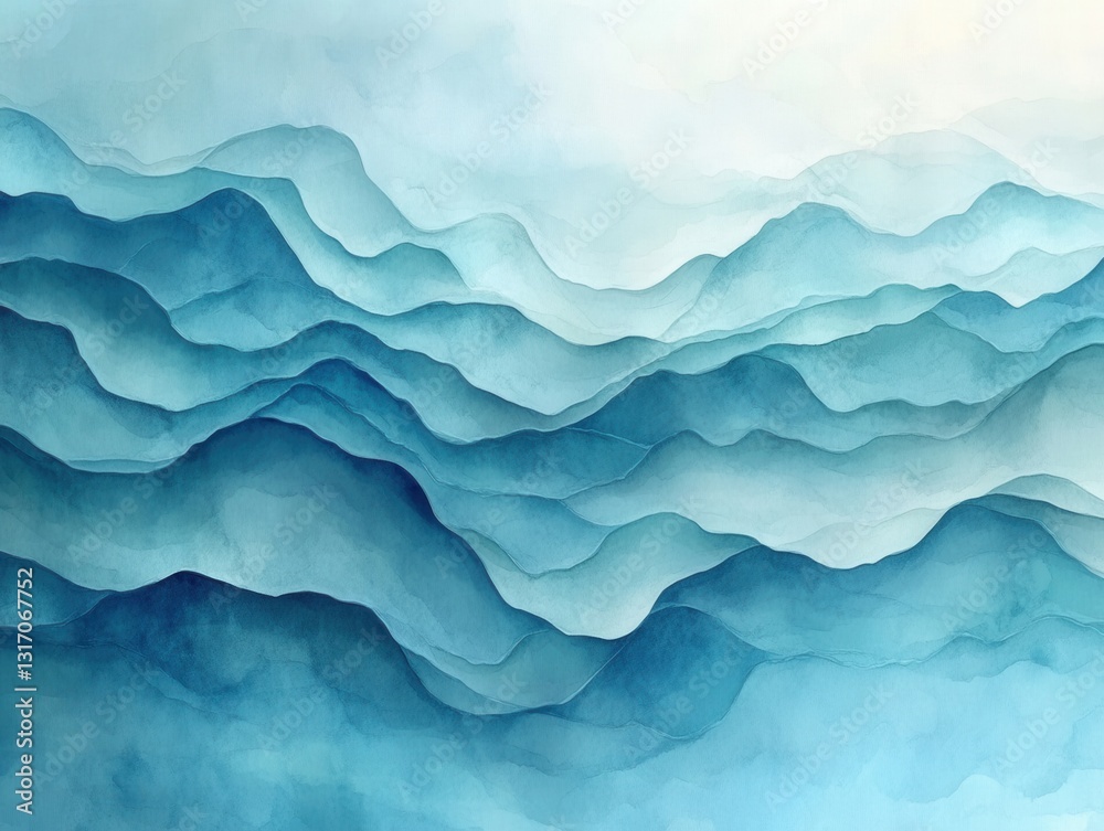 Serene Watercolor Landscape of Rolling Hills in Shades of Blue and White with Soft Texture and Peaceful Mood