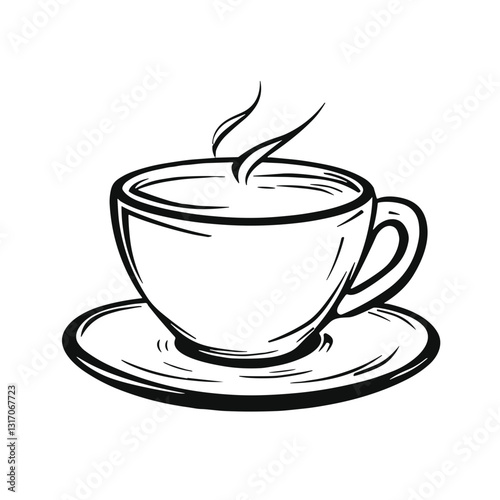 Cup of coffee with steam, black and white illustration, minimalistic style
