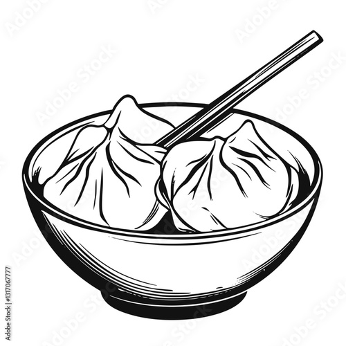 Dumplings in a bowl with chopsticks, black and white illustration, minimalistic style