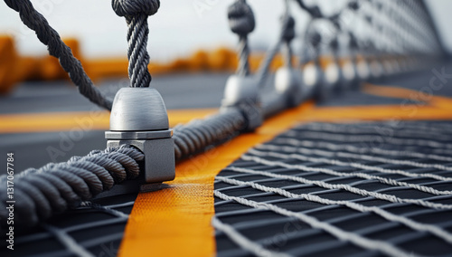 A low angle shows steel cables and securing hardware for an aircraft arresting system on the airfield