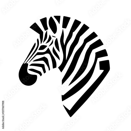 A vector Illustration displays a graphic zebra head. It has a black and white striped pattern. The background is white. The zebra is shown in profile.