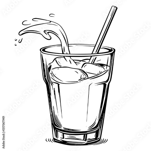 Glass of milk with ice and splash, black and white illustration, minimalistic style

