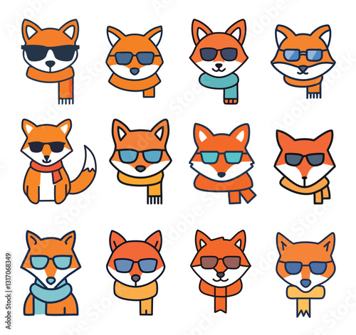 Cute foxes wearing sunglasses and scarves, perfect for kids' designs.