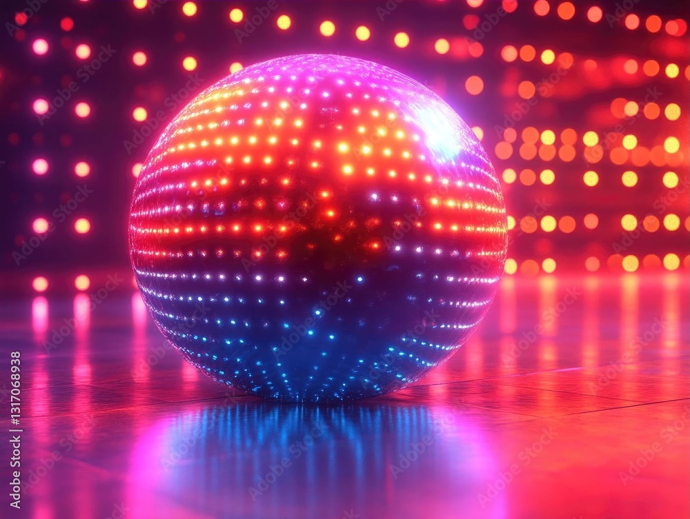 Obraz premium Vibrant disco ball reflecting colorful lights on a dance floor, creating a lively atmosphere