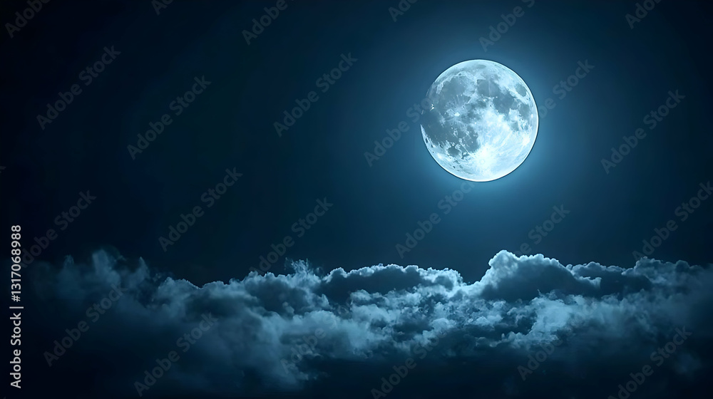 Fototapeta premium Bright Blue Full Moon Illuminating a Cloudy Night Sky with a Serene and Tranquil Atmosphere