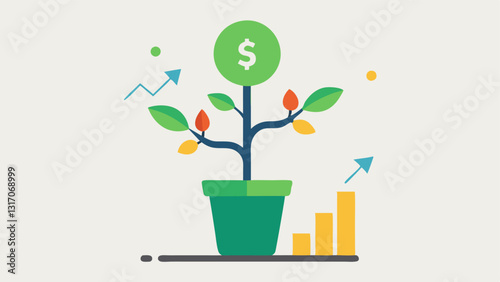 Growing Investment Tree An illustration of a tree growing out of a pot with leaves shaped like different financial symbols stocks bonds real estate. A sign next to it reads