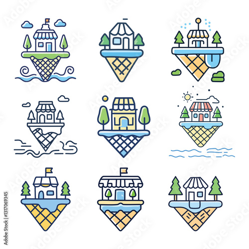 Cute Ice Cream Cone Island Shops with Different Weather