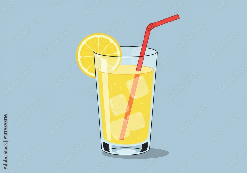 Refreshing lemonade, tall glass, ice cubes, red straw, lemon slice garnish, bright yellow drink, minimalist illustration, clean lines, vibrant colors, summer beverage Refreshing lemonade, tall glass, ice cubes, red straw, lemon slice garnish, bright yellow drink, minimalist illustration, clean lines, vibrant colors, summer beverage